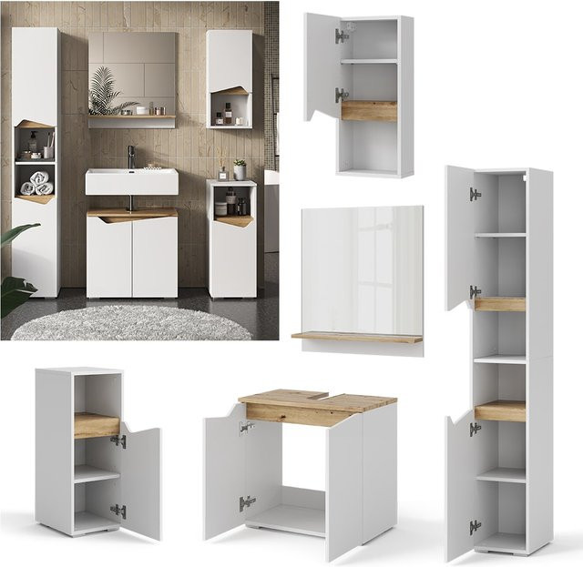 Vicco Badmöbel-Set Marelle Weiß, 5-teiliges Badezimmer-Set mit Waschtischunterschrank, Badspiegel, Midischrank, Hängeschrank und Hochschrank - Bild 1