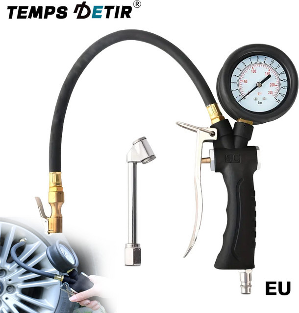 TEMPS DETIR Professionelle Reifendruckpistole mit Aufblasdüse und hochpräzisem Manometer 0-230 psi in Schwarz - Bild 1