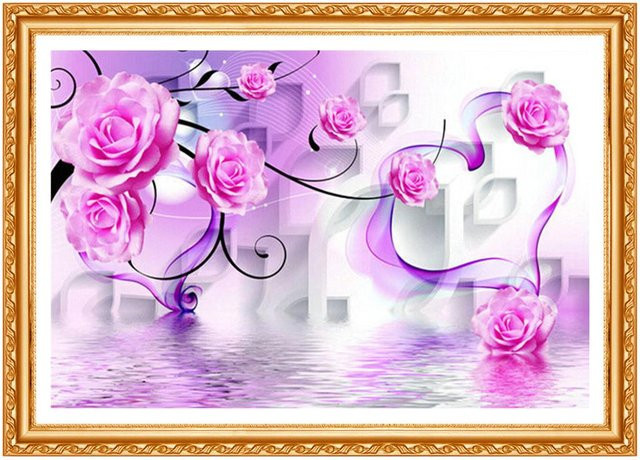 FIYO Diamant-Malerei Set mit floralem Blumenmotiv in Pink, DIY-Diamant-Stickerei mit runden Steinen, Breite: 20 cm, Höhe: 30 cm - Bild 1