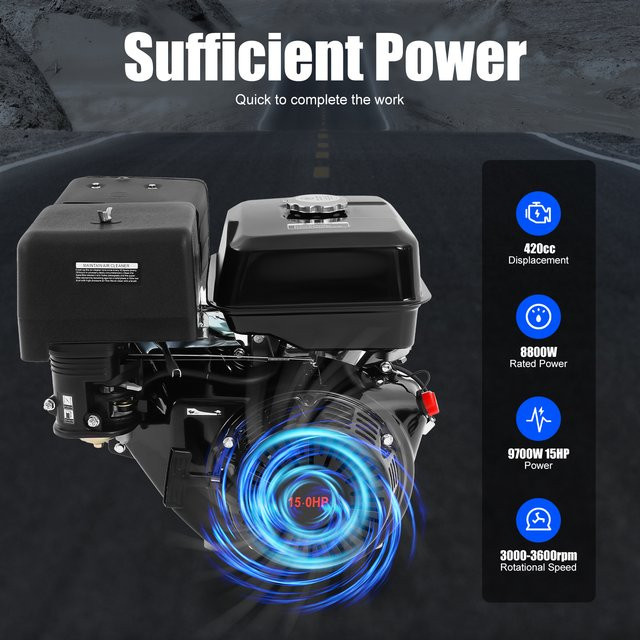 Bymaocar 15 PS Benzinmotor mit 420 cm³ OHV 4-Takt Einzylinder in Schwarz, 8800 W Nennleistung, 9700 W Maximalleistung, luftgekühlt mit 6,5 L Kraftstofftank und Ölalarm - Bild 1