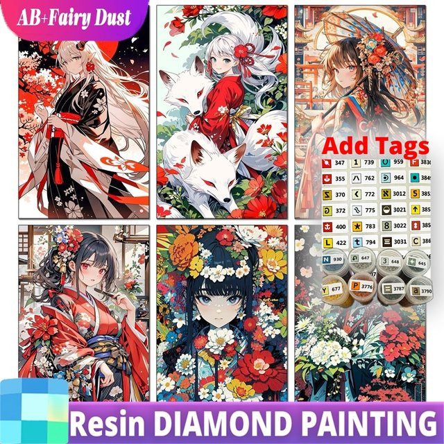 Potdemiel Diamond Painting Set Anime Cartoon Mädchen mit Blume und Fuchs, 5D Vollmosaik Stickerei mit Resin-Steinen in Round-Form, B/H: 25,0 x 20,0 cm - Bild 1