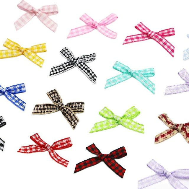 100 Stück bunte Mini-Bandschleifen mit Karomuster, 35 mm textile Schleifen für Geschenkboxen und Hochzeiten, Mehrfarbig - Bild 1