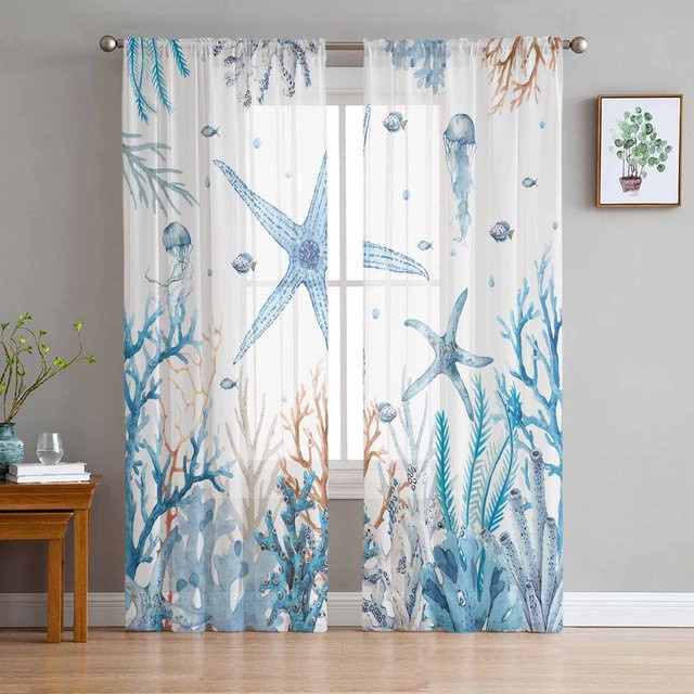 Super Six Tüllvorhang Chiffon mit Meeresmotiven und Seesternen in Weiß, Breite: 135 cm, Höhe: 114 cm - Bild 1
