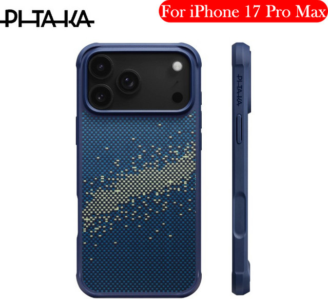 PITAKA Kohlefaser-Hülle für iPhone 17 Pro Max aus Kevlar in Schwarz und Blau mit Unterstützung für kabelloses Laden - Bild 1
