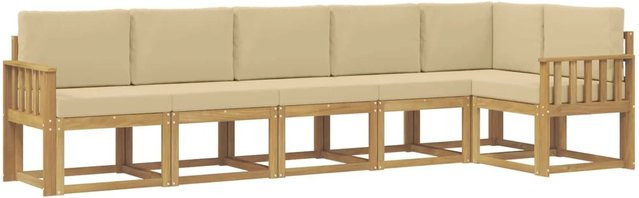 vidaXL 6-teilige Outdoor-Sofagarnitur in L-Form aus Akazienholz mit Kissen in Weiß und Beige - Bild 1