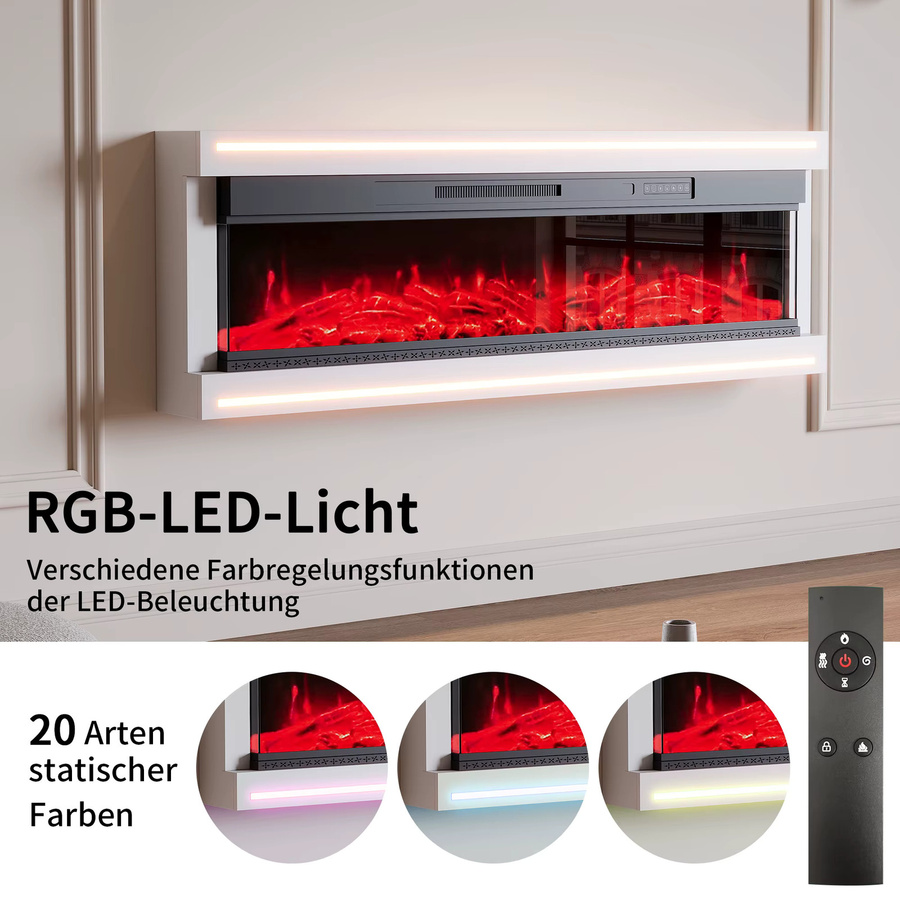 Elektrischer Kamin von WoodenAura in Weiß mit LED-Ambientebeleuchtung, 50 Zoll Durchmesser, 12-farbiger Holzflammensimulation und einstellbarer Helligkeit sowie Geschwindigkeit zur Wandmontage - Bild 3