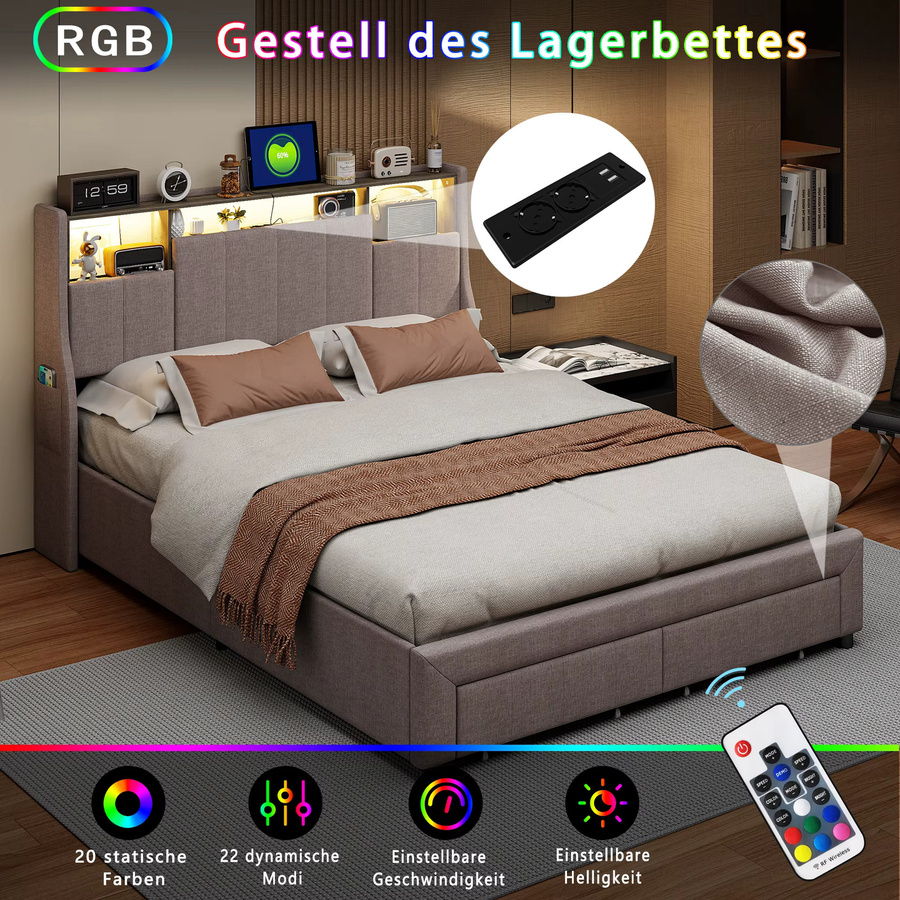 Superaly Polsterbett mit USB-Ladefunktion und LED-Beleuchtung in Grau, Jugendbett mit Stauraum und 2 Schubladen aus Leinen, B/T: 140 x 200 cm - Bild 5