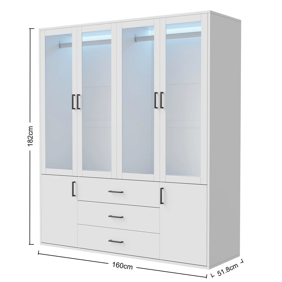 Anajqaqia Moderner Kleiderschrank in Weiß mit Glastüren, LED-Beleuchtung, Kleiderstange und 3 integrierten Schubladen - Bild 3