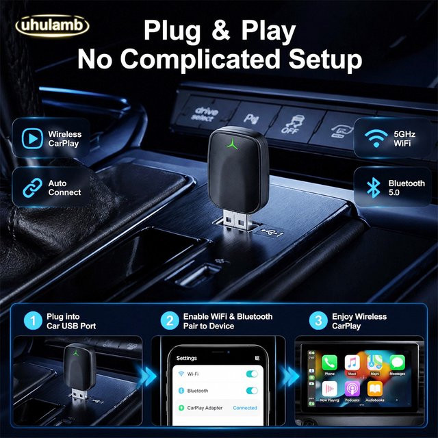 uhulamb 2-in-1 Kabelloser CarPlay und Android Auto Adapter in Schwarz mit USB-C und USB-A Anschluss sowie 5GHz WLAN Unterstützung - Bild 1