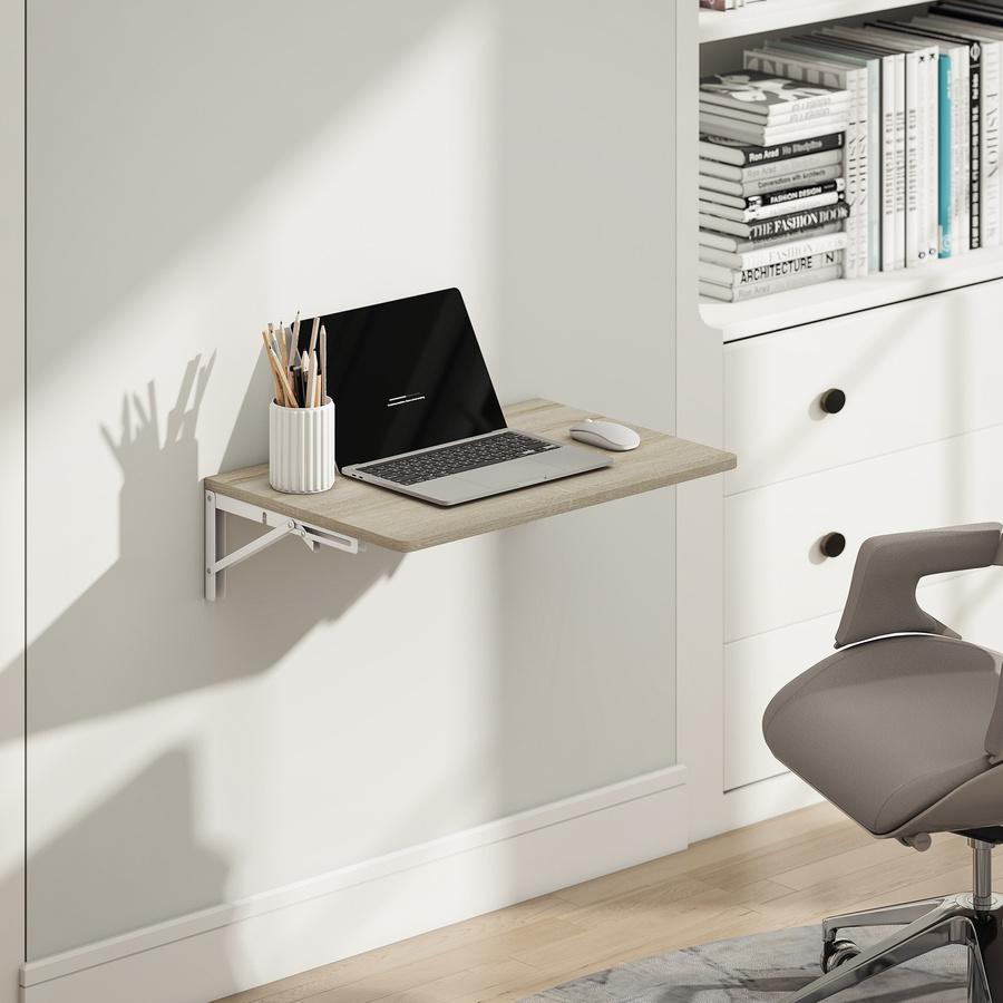 HOMCOM Wandklapptisch Eiche, platzsparender Schreibtisch in Wandmontage mit abgerundeten Ecken, B/T: 60 x 40 cm - Bild 2