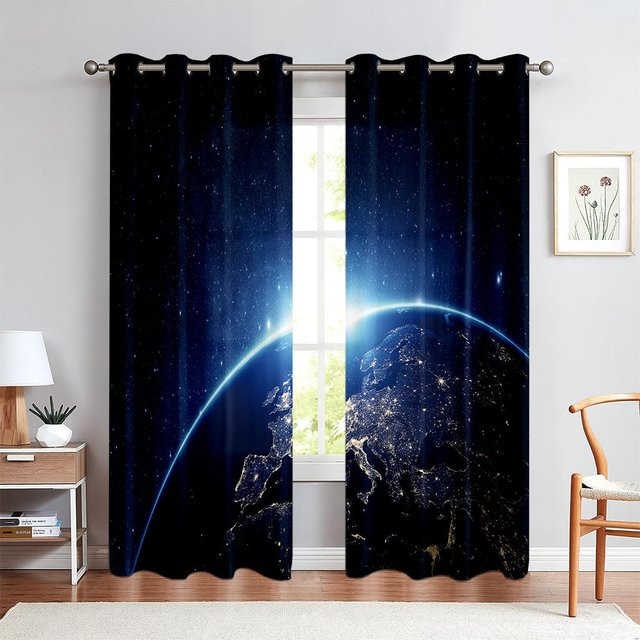 Dekorative Sternenhimmel-Galaxie Vorhänge mit 3D-Muster aus Polyester, Blau, 2er-Set, B: 50 cm, H: 140 cm - Bild 1