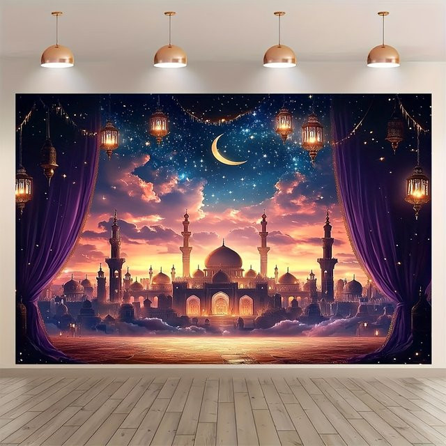 VIKAMA Wandbild Marokkanischer Palast mit Mond Motiv, Mehrfarbig, Textil-Banner für Ramadan und Eid al Fitr - Bild 1