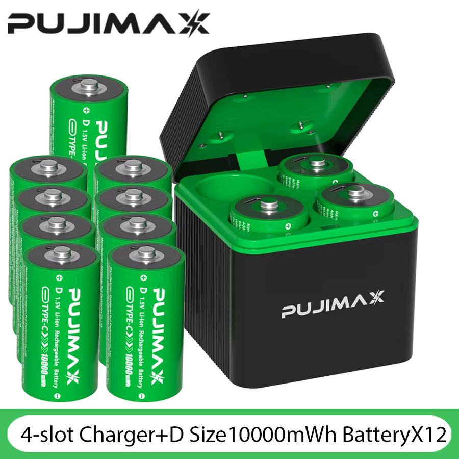 PUJIMAX Wiederaufladbare D-Größe Batterien LR20 mit 4-Slot-Ladegerät, 1,5V Li-Ionen Akku-Set, 10000mWh, Farbe: Grün - Bild 5