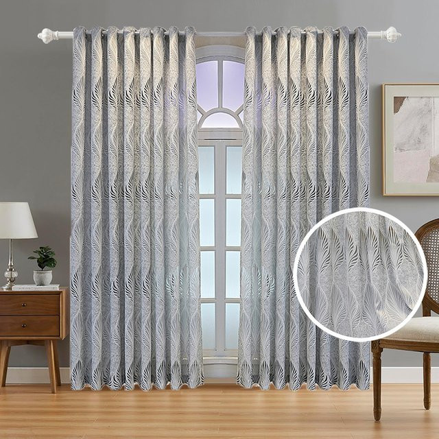 Tiyana Luxus-Jacquard-Vorhang in Grau-Weiß mit Tüll und Ösen für Wohnzimmer und Schlafzimmer - Bild 1