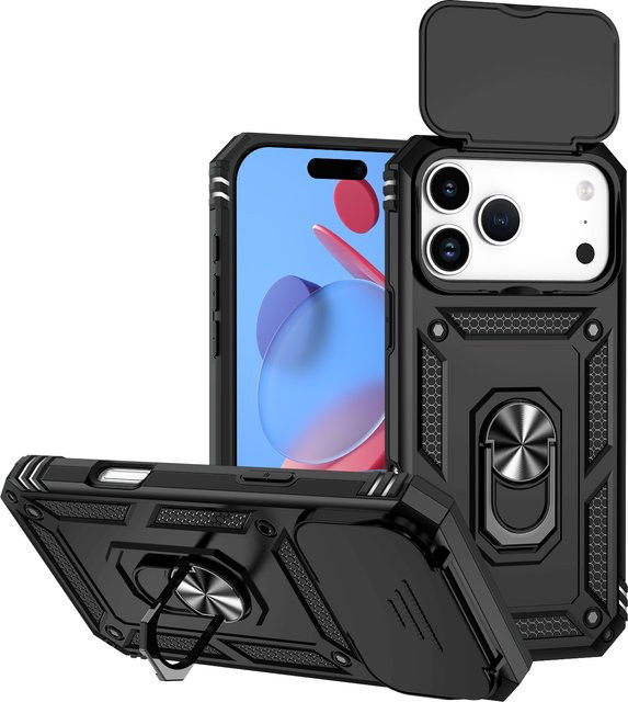 Magnetische Linsen-Flip-Hülle mit Ringhalterung und Kameraschutz für iPhone 17 Air 16 15 14 13 12 11 Pro Max XS X XR 7 8 Plus in Schwarz und Rot - Bild 1