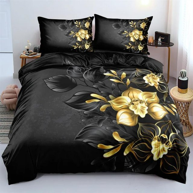 Flylo Bettwäsche-Set mit 3D-Blumendesign in Dunkelgold und Schwarz, Material Mikrofaser, B/H: 135 x 200 cm - Bild 1