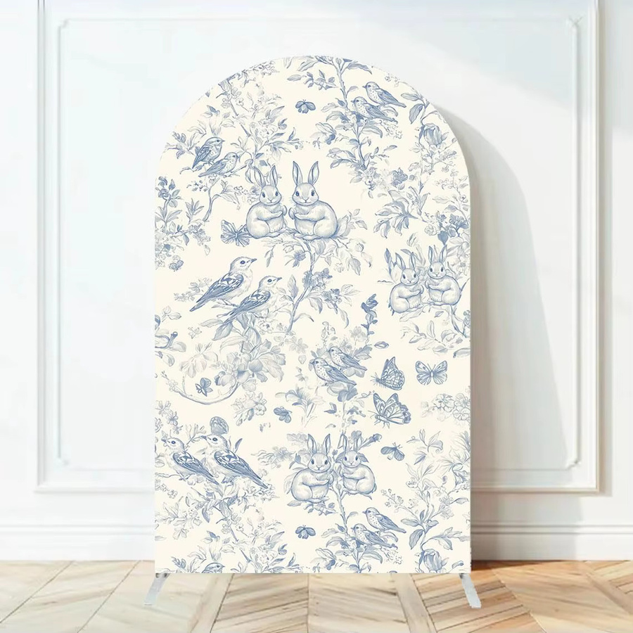 VIKAMA Vintage Bogen Hintergrund Cover Hase und Blumen in Blau für Hochzeit, Geburtstag und Party, B/H: 120 x 50 cm - Bild 1