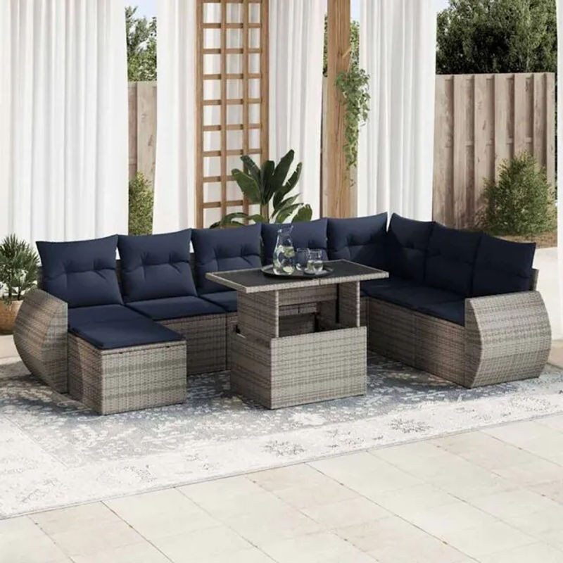 9-tlg. Garten-Sofagarnitur mit Kissen aus Polyrattan und Akazie in Grau von vidaxl - Bild 1