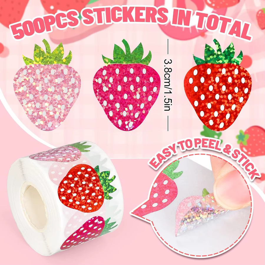 JCAC 500 Stück Holographische Cartoon-Erdbeer-Doodle PVC Selbstklebende Aufkleber in Multicolour, Durchmesser: 3,8 cm - Bild 2