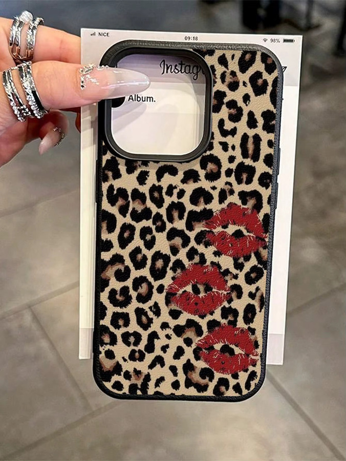 Handyhülle mit Leopardenmuster und Lippenabdruck-Design in Schwarz und Multicolour für Apple iPhone 17, 16, 15 Serien (Plus, Pro, Max) mit Lychee-Textur und Anti-Sturz-Schutz - Bild 5