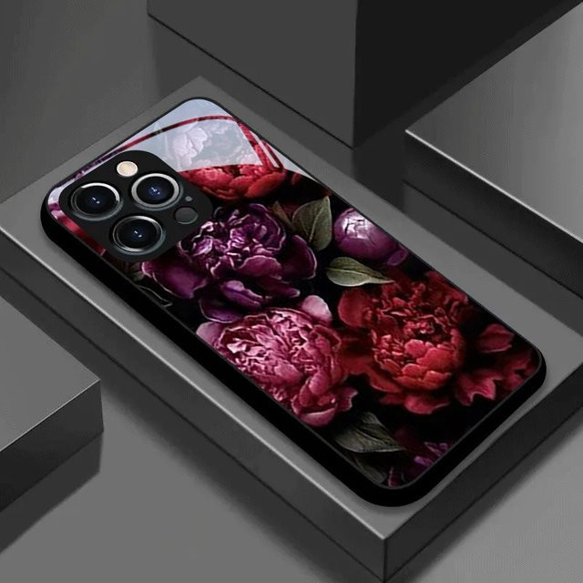 Stoßfeste Handyhülle aus gehärtetem Glas mit lila Pfingstrosen Dunkle Nacht Muster für Samsung Galaxy S25 S24 S23 Ultra Plus FE in Schwarz und Lila - Bild 1