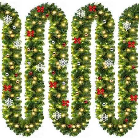 Casaria Weihnachtsgirlande Grün mit 80 LEDs und Dekoration aus Sternen und Schneeflocken, 5m Länge