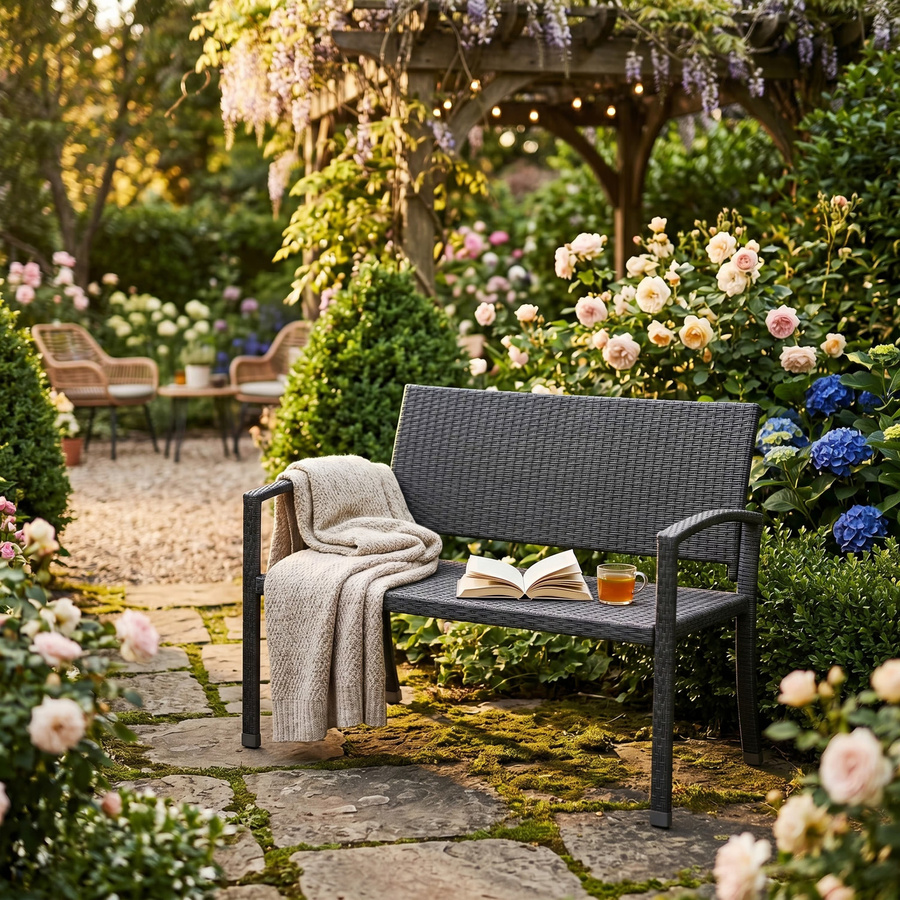 CASARIA Polyrattan Gartenbank in Schwarz mit modernem Design und Armlehnen, B/T/H: 122 x 58 x 87 cm - Bild 2