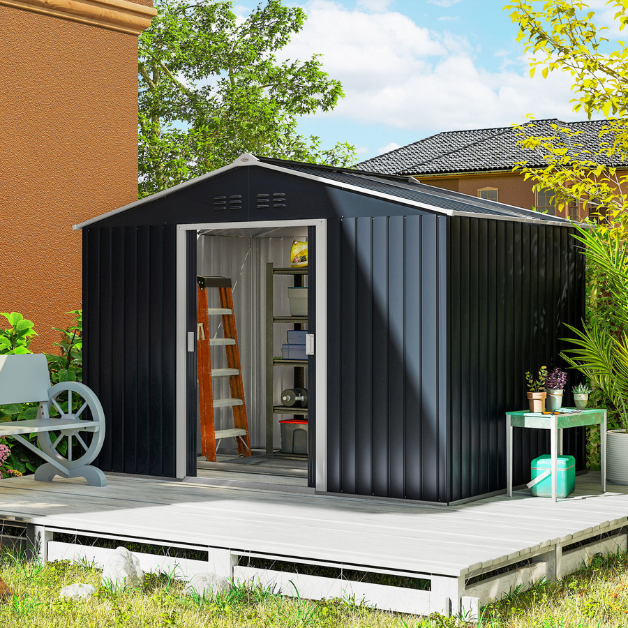 Outsunny Gartenhaus aus verzinktem Stahl mit Satteldach und abschließbarer Schiebetür, Dunkelgrau, B/H/L: 277 x 195 x 192 cm - Bild 2