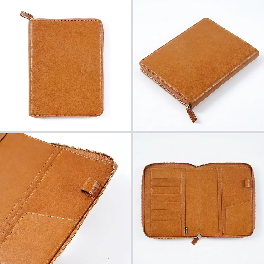 Moterm A5 Reißverschlusshülle aus pflanzlich gegerbtem Vollnarbenleder in Braun mit oberer Tasche für Planer, Notizbuch und Organizer - Bild 3