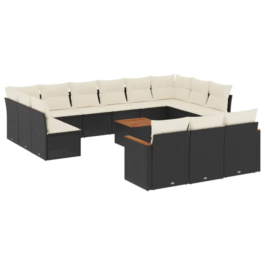 vidaXL 14-tlg. Garten-Sofagarnitur aus Poly-Rattan und Akazienholz mit Kissen in Schwarz und Cremeweiß - Bild 2