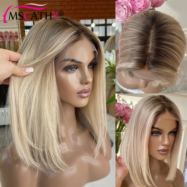 Mscathy Echthaar-Perücke, Aschblonde Ombre, kurzer Bob, HD-Spitze, Damen - Bild 1