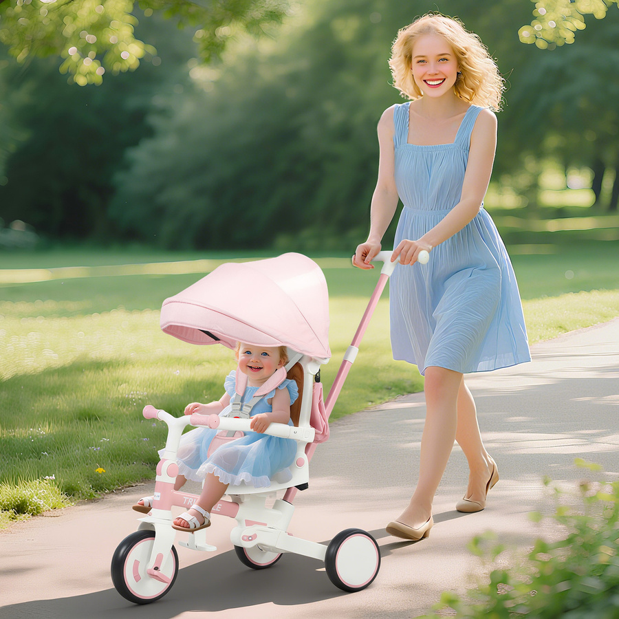 AIYAPLAY 5-in-1 Kinderdreirad mit Schubstange und Sonnendach, faltbar, Rosa - Bild 2
