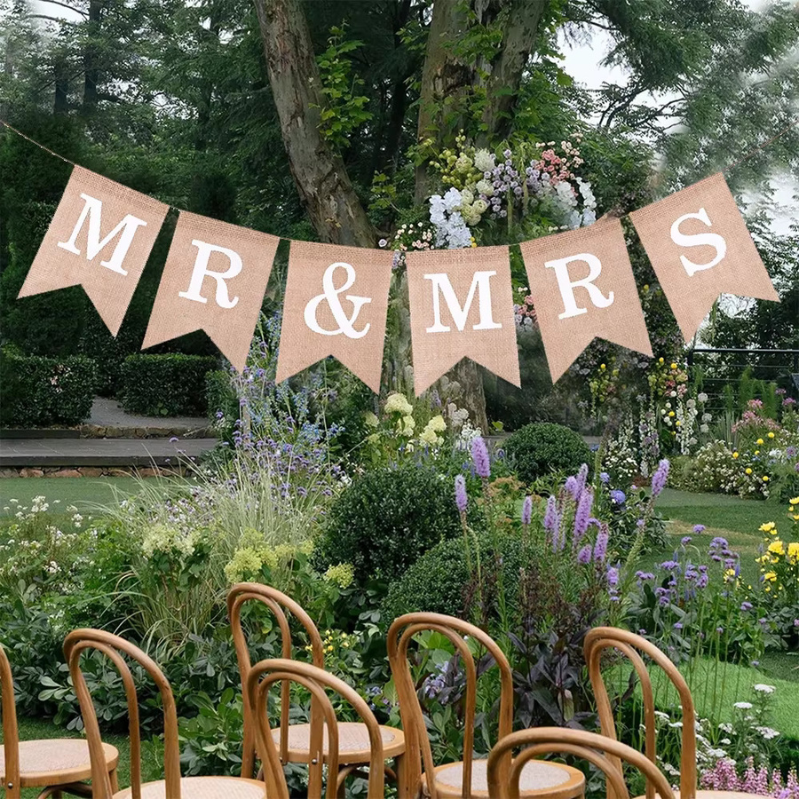 Runtowo Mr & Mrs Leinen-Banner in Beige, Vintage Wimpelkette als rustikale Hochzeits-Dekoration und Foto-Requisite - Bild 3