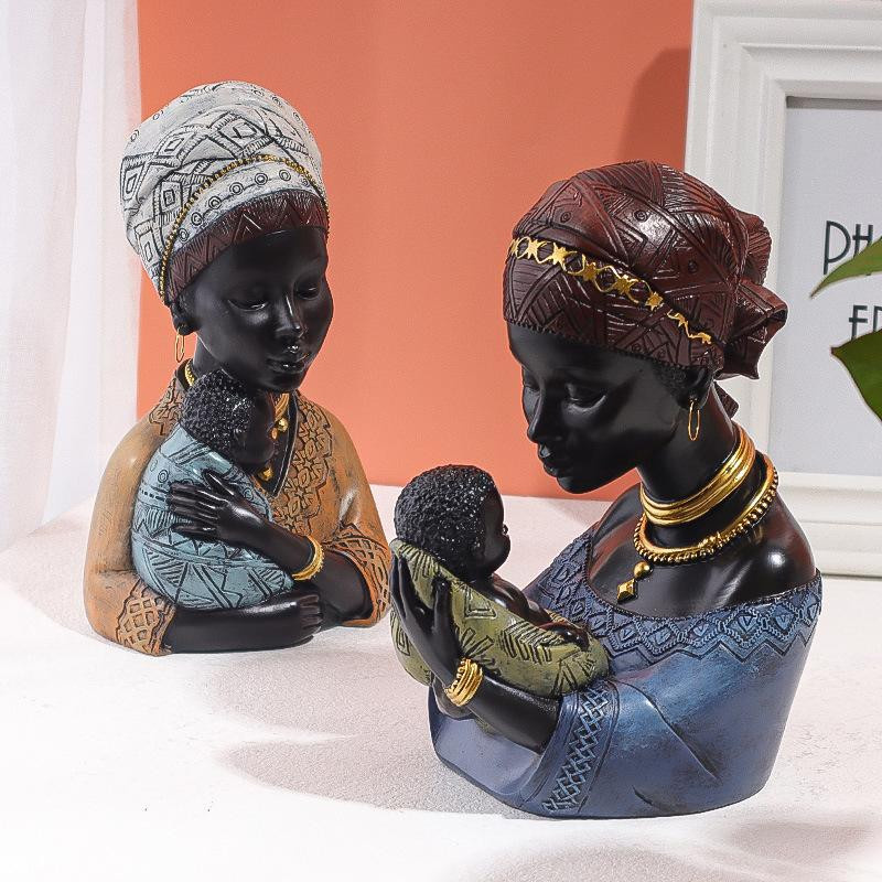 Afrikanische Frauenfiguren aus Kunstharz im ethnischen Stil als abstrakte Mutter-und-Kind-Statue für deine Innendekoration, Mehrfarbig - Bild 2
