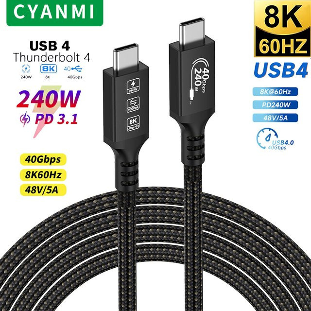 CYANMI USB-C Schnellladekabel Thunderbolt 4 mit 240 W und 40 Gbit/s in Schwarz - Bild 1