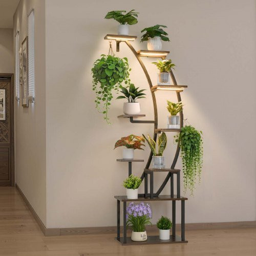 VEVOR Pflanzenständer mit LED-Wachstumslicht, 9-stufige Blumentreppe aus Metall in Schwarz, modern mit 3 Timer- & 10 Helligkeitsstufen für Wohnzimmer & Balkon, B/T/H: 62 x 28 x 160 cm - Bild 1