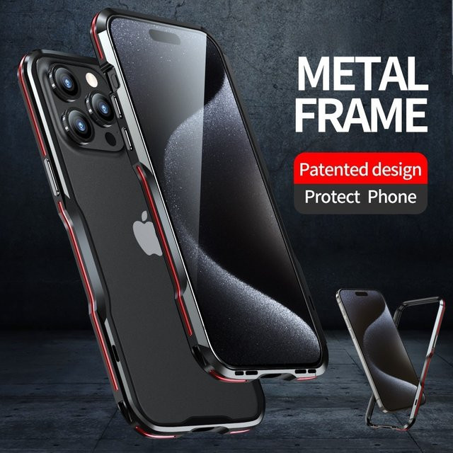 Aluminium Panzerrahmen Handyhülle für iPhone 16 Plus 15 14 13 Pro Max mit unregelmäßigem Metallkantenschutz in Schwarz oder Rot - Bild 1