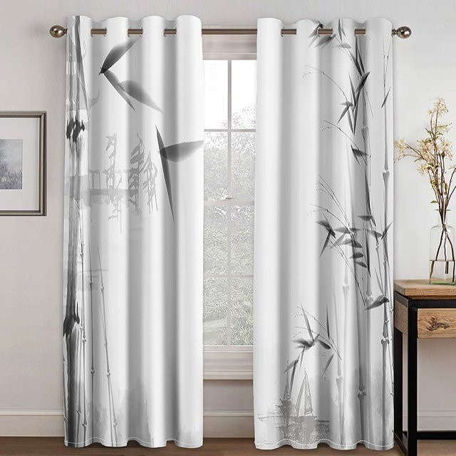 A Family Of Home Textiles Dekorative Vorhänge mit Bambusblatt-Druck, 2er-Set, Weiß, Semi-transparent, inklusive Haken, B/H: 75 x 166 cm - Bild 1
