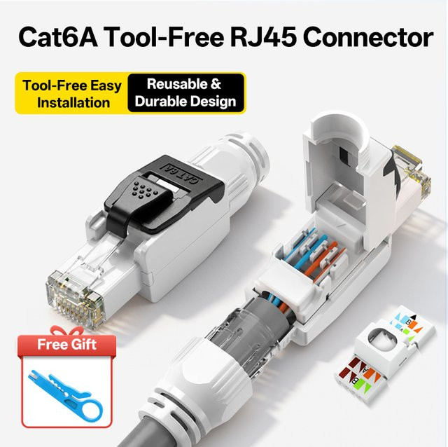 BYXGD Cat6A RJ45-Stecker weiß, werkzeuglos und wiederverwendbar, 50µ vergoldet, 10Gbps Ethernet LAN Stecker mit Anti-Unplug-Funktion für T568A/B - Bild 1