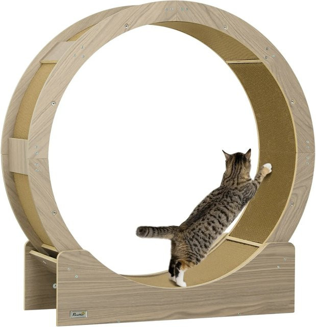 PawHut Katzenlaufrad mit Bremse und Kratzbrett aus Mehrschichtplatte und Wellpapier, Farbe: Walnuss, B/T/H: 33,5 x 91 x 94 cm - Bild 1