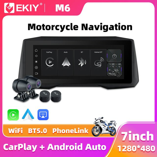 EKIY 7-Zoll tragbares digitales Motorrad-Armaturenbrett mit GPS-Navigation, Wireless CarPlay und Android Auto sowie TPMS in Schwarz - Bild 1
