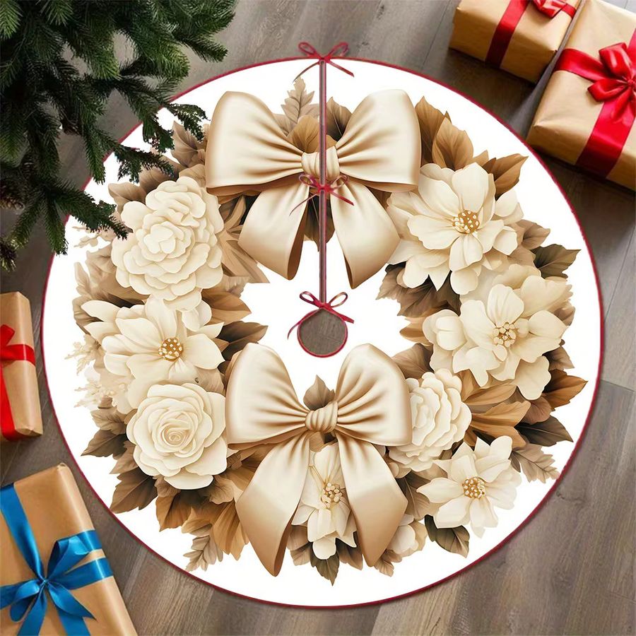 Vikama Eleganter Blumenkranz Weihnachtsbaumrock in cremefarbenem Roségold mit Schleifendesign für deine Weihnachtsdekoration - Bild 4