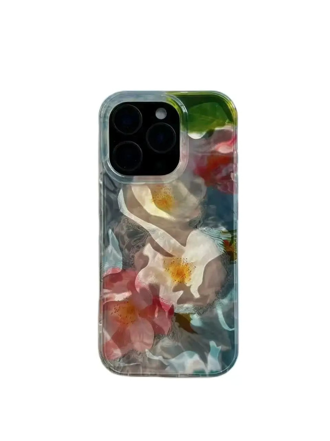 iPhone Schutzhülle mit rosa weißer Kamelie und schillernder Wasserwellen-Optik für iPhone 12 bis iPhone 17 Pro Max in Pink, Weiß und Blau - Bild 3