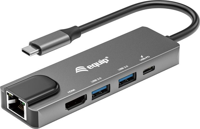 Equip 5-in-1 USB-C Multifunktionsadapter in Grau mit HDMI, Gigabit LAN und USB 3.2 Gen 1 sowie 100W USB PD - Bild 1