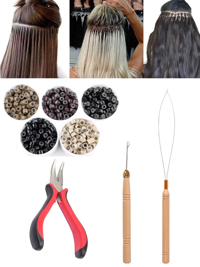plussign Haarverlängerungs-Werkzeugset, 100 Stück Mikroring-Perlen, Zange, Hakennadel, Ziehschlaufe - Bild 3