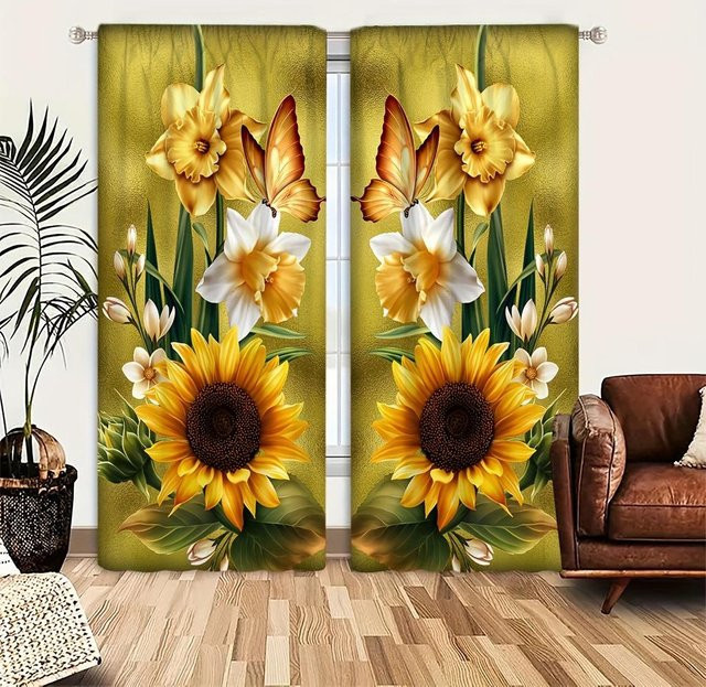 2er-Set halbtransparente Vorhänge mit Sonnenblumen-Print von Household supplies MH, floraler Design, B: 50 cm, H: 130 cm, mehrfarbig - Bild 1