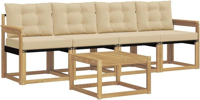 vidaXL Outdoor-Sofagarnitur 5-tlg. aus Akazienholz mit Kissen in Weiß und Beige - Bild 1