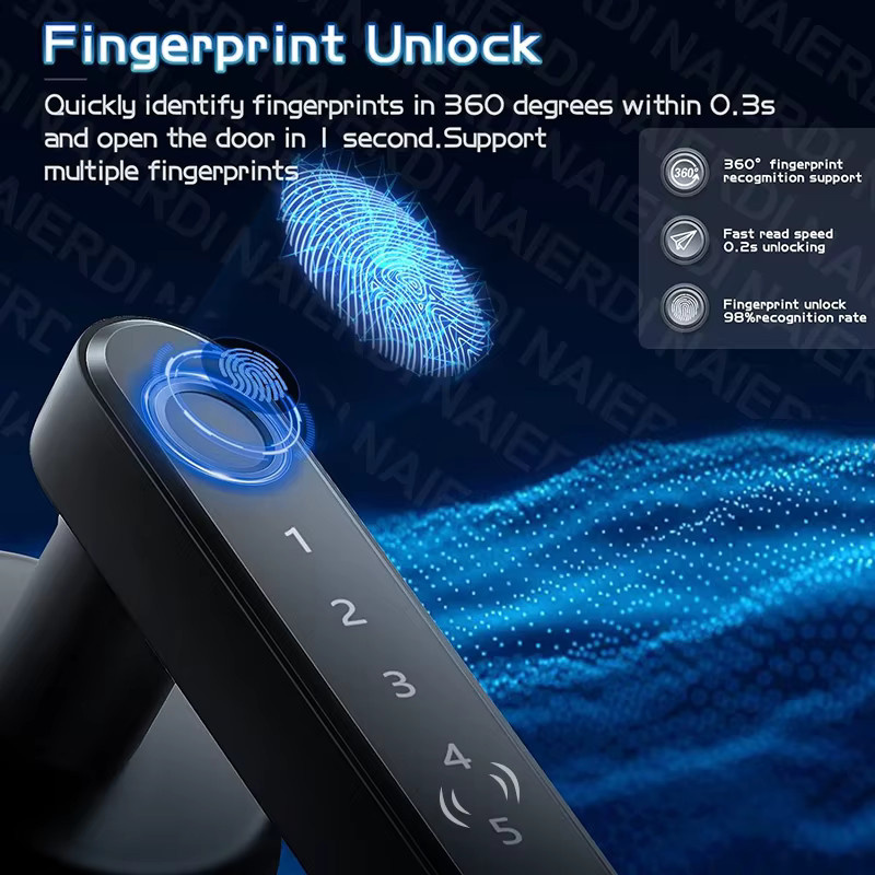 NAIERDI Intelligentes Fingerabdruck-Türschloss mit Griff und Bluetooth via Tuya App, digitales Passwort-Schloss für deine Eingangstür - Bild 2