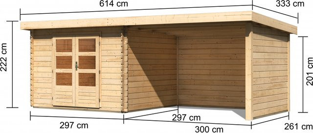 Gartenhaus Holz BASTRUP 5 in Naturbelassen mit Anbaudach, Blockbohlenhaus 28 mm, B/T: 297 x 297 cm - Bild 1