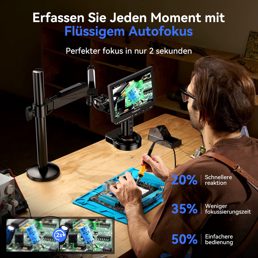 TOMLOV 4K Digitalmikroskop TM4K-AF mit Autofokus, 2000-fache Vergrößerung, 8-Zoll-Display, HDMI und flexiblem Armständer, Farbe: Schwarz - Bild 2